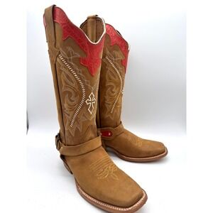 Joe Boots by Arles Tan Leather Square Toe Western Cowboy Red Inlay Cross 8.5
